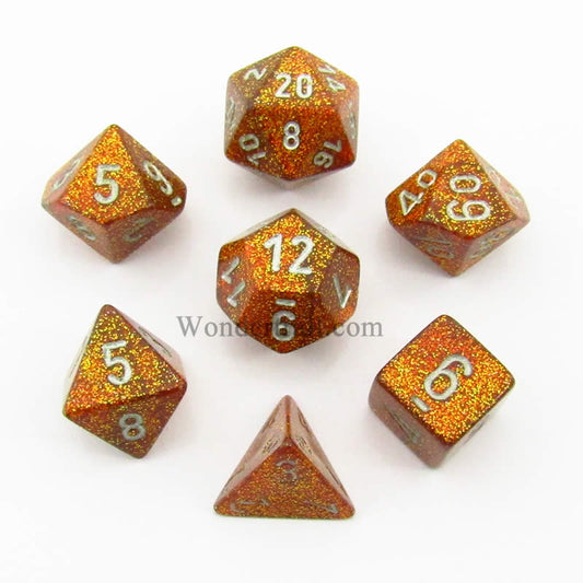 CHX27503 Gold Glitter Dice with Silver Numbers 16mm (5/8in) Set of 7 Main Image