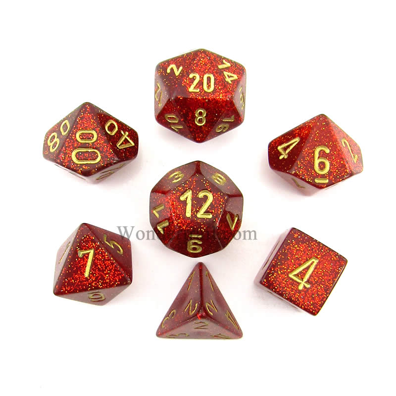 CHX27504 Ruby Glitter Dice with Gold Numbers 16mm (5/8in) Set of 7 Main Image