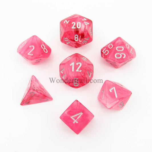 CHX27524 Pink Ghostly Glow Dice Silver Numbers 16mm (5/8in) Set of 7 Main Image