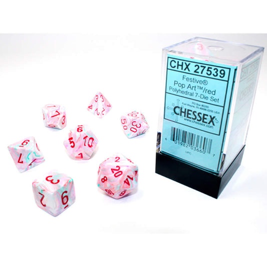 CHX27539 Pop Art Festive Dice with Red Numbers 16mm (5/8in) Set of 7 Chessex Main Image