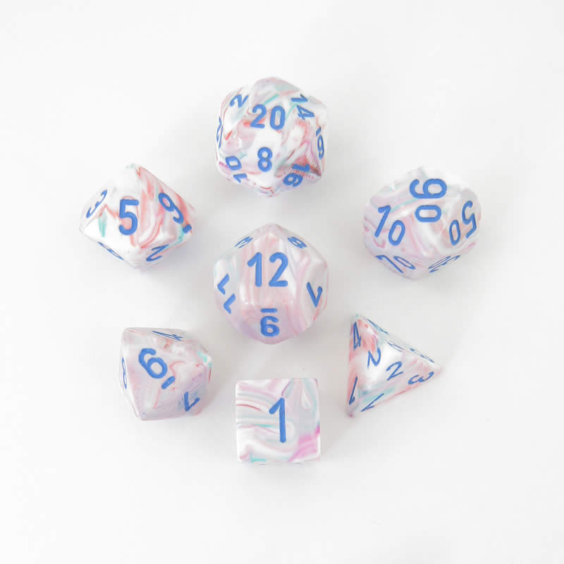 CHX27544 Pop Art Festive Dice with Blue Numbers 16mm (5/8in) Set of 7 Main Image