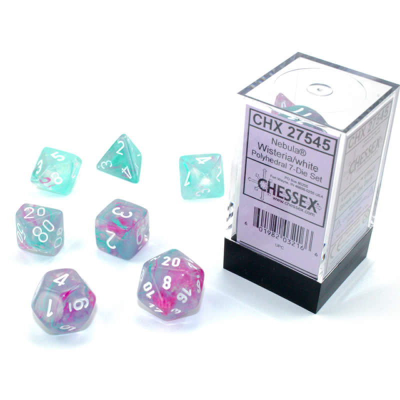 CHX27545 Wisteria Nebula Luminary Dice White Numbers 16mm Set of 7 Main Image