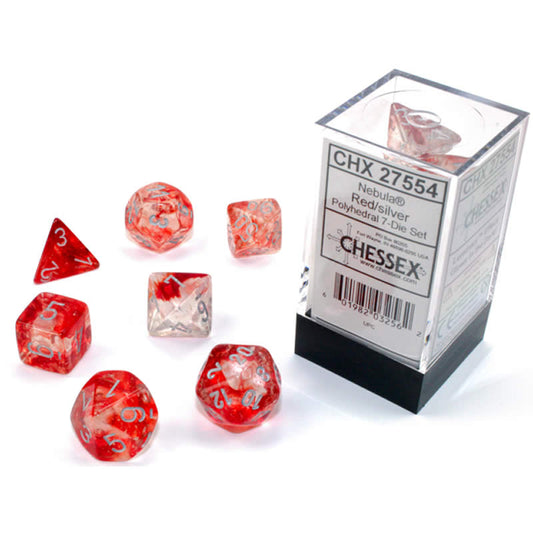 CHX27554 Red Nebula Luminary Dice Silver Numbers 16mm (5/8in) Set of 7 Main Image