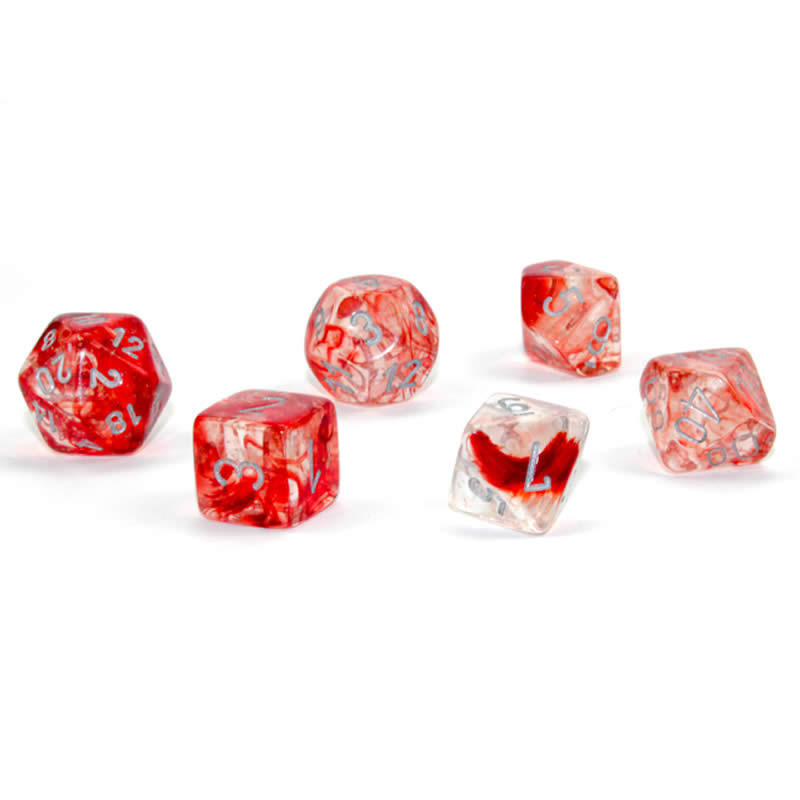 CHX27554 Red Nebula Luminary Dice Silver Numbers 16mm (5/8in) Set of 7 2nd Image