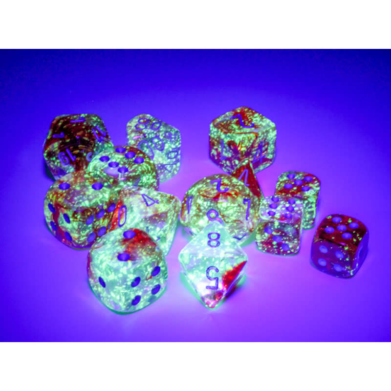CHX27554 Red Nebula Luminary Dice Silver Numbers 16mm (5/8in) Set of 7 3rd Image