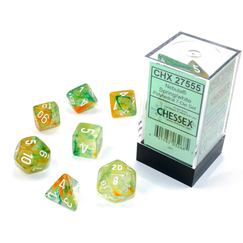 CHX27555 Spring Nebula Luminary Dice White Numbers 16mm (5/8in) Set of 7 Main Image