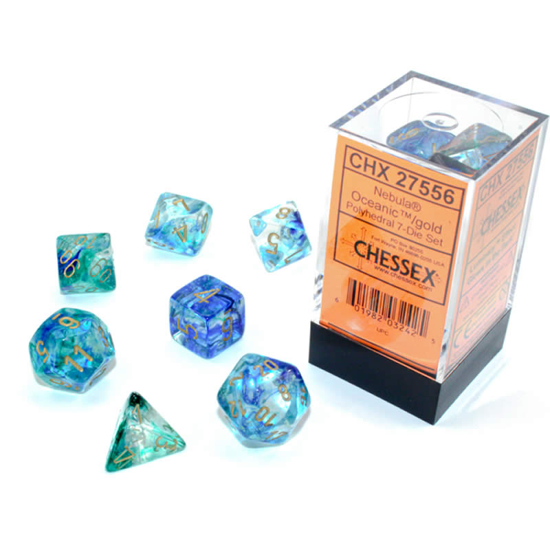 CHX27556 Oceanic Nebula Luminary Dice Gold Numbers 16mm (5/8in) Set of 7 Main Image