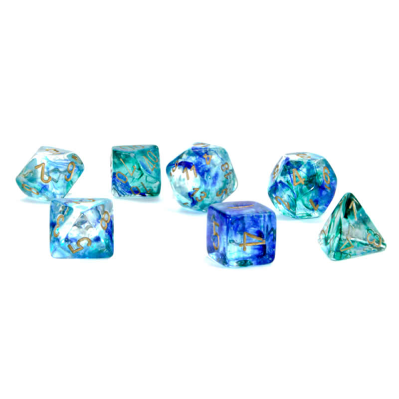 CHX27556 Oceanic Nebula Luminary Dice Gold Numbers 16mm (5/8in) Set of 7 2nd Image