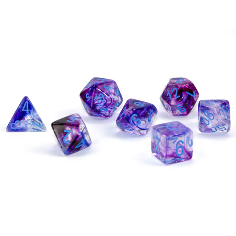 CHX27557 Nocturnal Nebula Luminary Dice Blue Numbers 16mm (5/8in) Set of 7 2nd Image