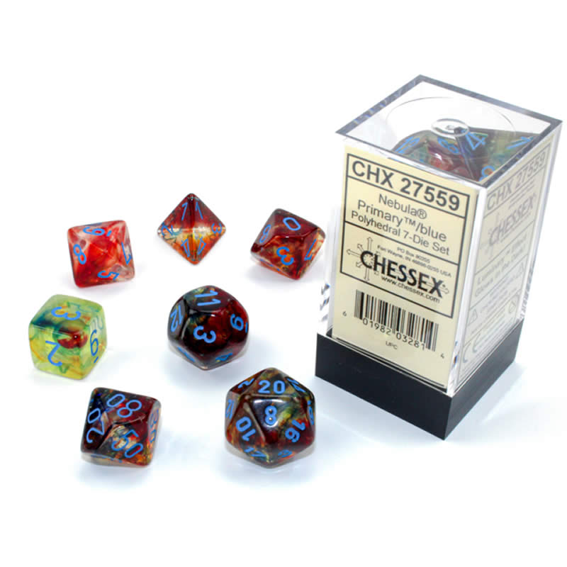 CHX27559 Primary Nebula Luminary Dice Blue Numbers 16mm (5/8in) Set of 7 Main Image