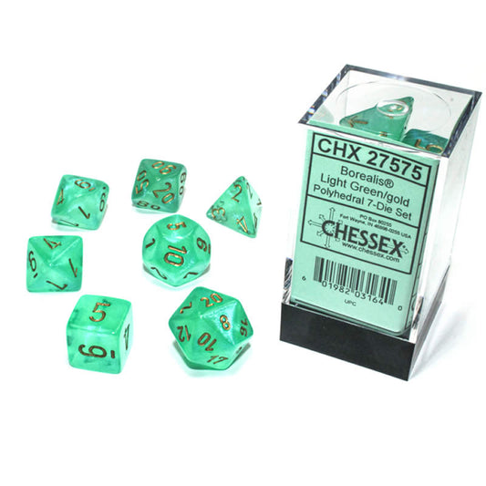 CHX27575 Light Green Borealis Dice Luminary Gold Numbers 16mm (5/8in) Set of 7 Main Image