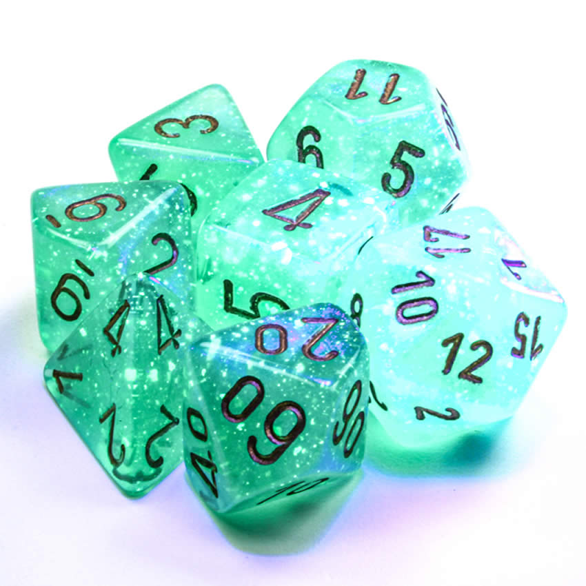 CHX27575 Light Green Borealis Dice Luminary Gold Numbers 16mm (5/8in) Set of 7 2nd Image