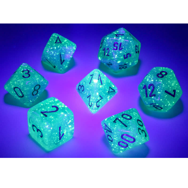 CHX27575 Light Green Borealis Dice Luminary Gold Numbers 16mm (5/8in) Set of 7 3rd Image