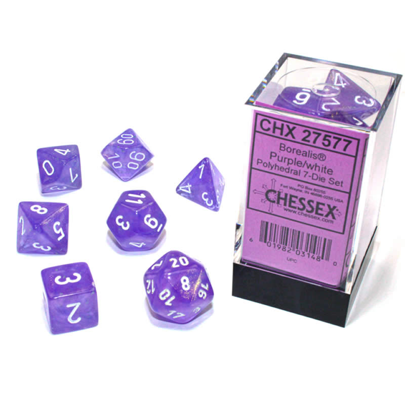 CHX27577 Purple Borealis Dice Luminary White Numbers 16mm (5/8in) Set of 7 Main Image