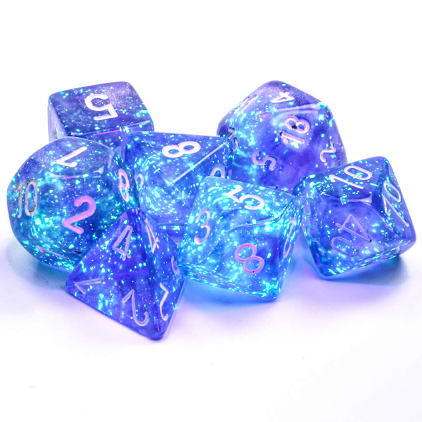 CHX27577 Purple Borealis Dice Luminary White Numbers 16mm (5/8in) Set of 7 2nd Image