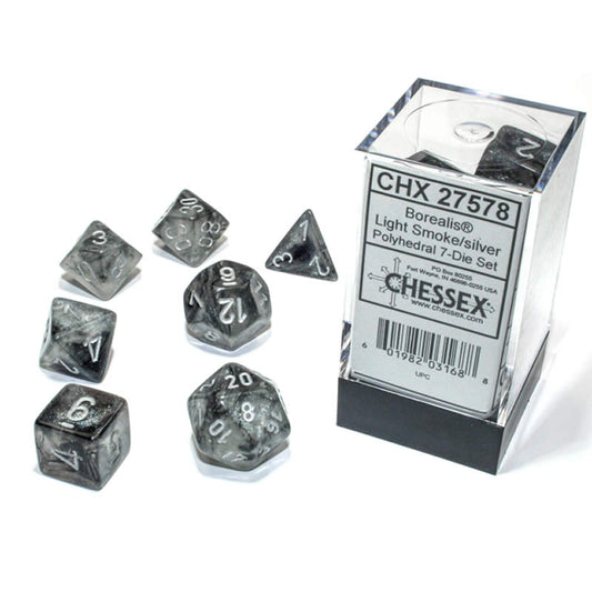 CHX27578 Light Smoke Borealis Dice Luminary Silver Numbers 16mm (5/8in) Set of 7 Main Image