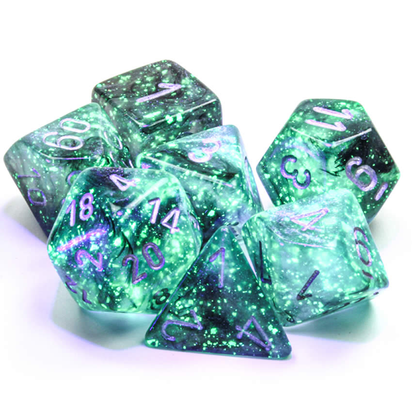 CHX27578 Light Smoke Borealis Dice Luminary Silver Numbers 16mm (5/8in) Set of 7 2nd Image