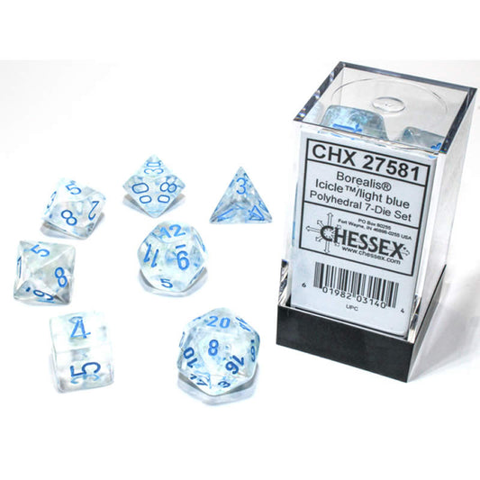 CHX27581 Icicle Borealis Dice Luminary Light Blue Numbers 16mm (5/8in) Set of 7 Main Image