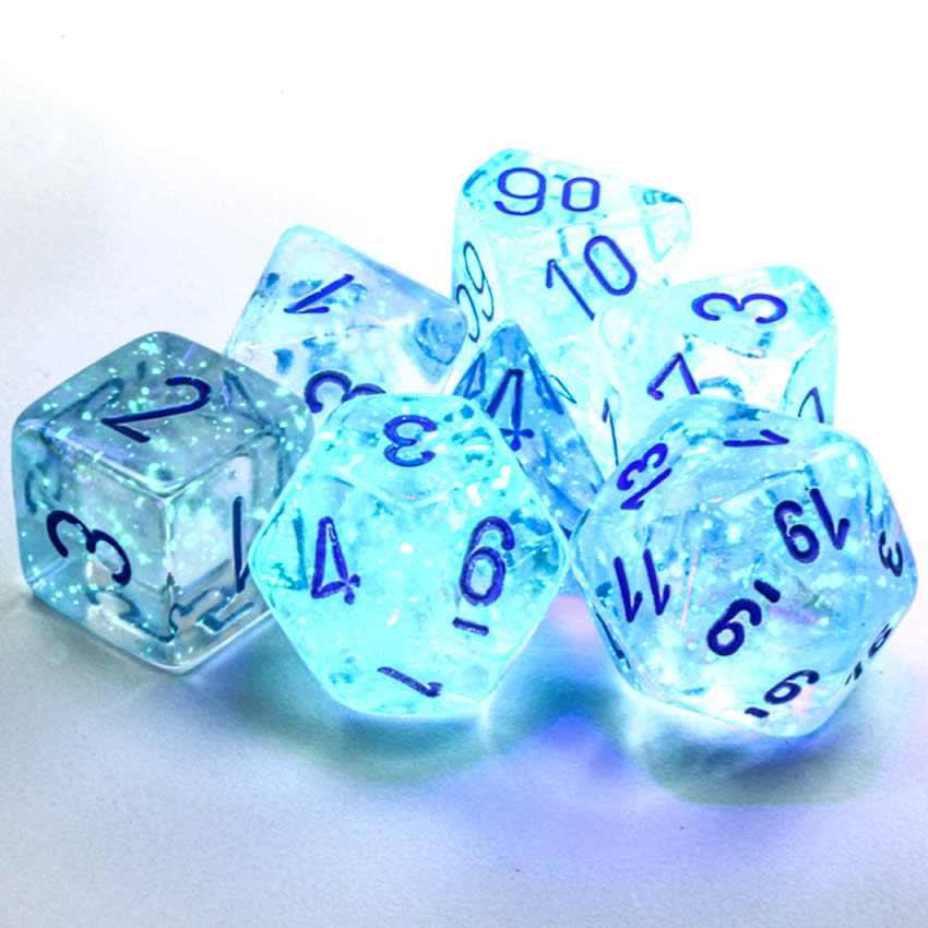 CHX27581 Icicle Borealis Dice Luminary Light Blue Numbers 16mm (5/8in) Set of 7 2nd Image