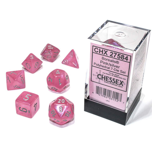 CHX27584 Pink Borealis Dice Luminary Silver Numbers 16mm (5/8in) Set of 7 Main Image