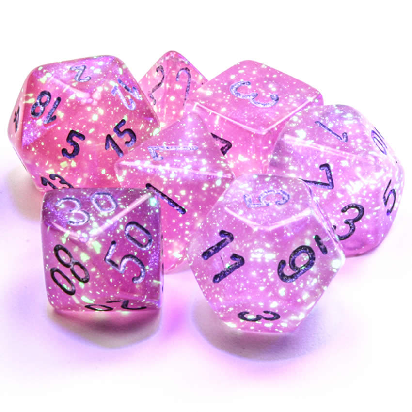 CHX27584 Pink Borealis Dice Luminary Silver Numbers 16mm (5/8in) Set of 7 2nd Image