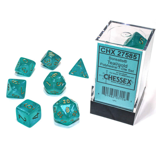 CHX27585 Teal Borealis Dice Luminary with Gold Numbers 16mm (5/8in) Set of 7 Main Image