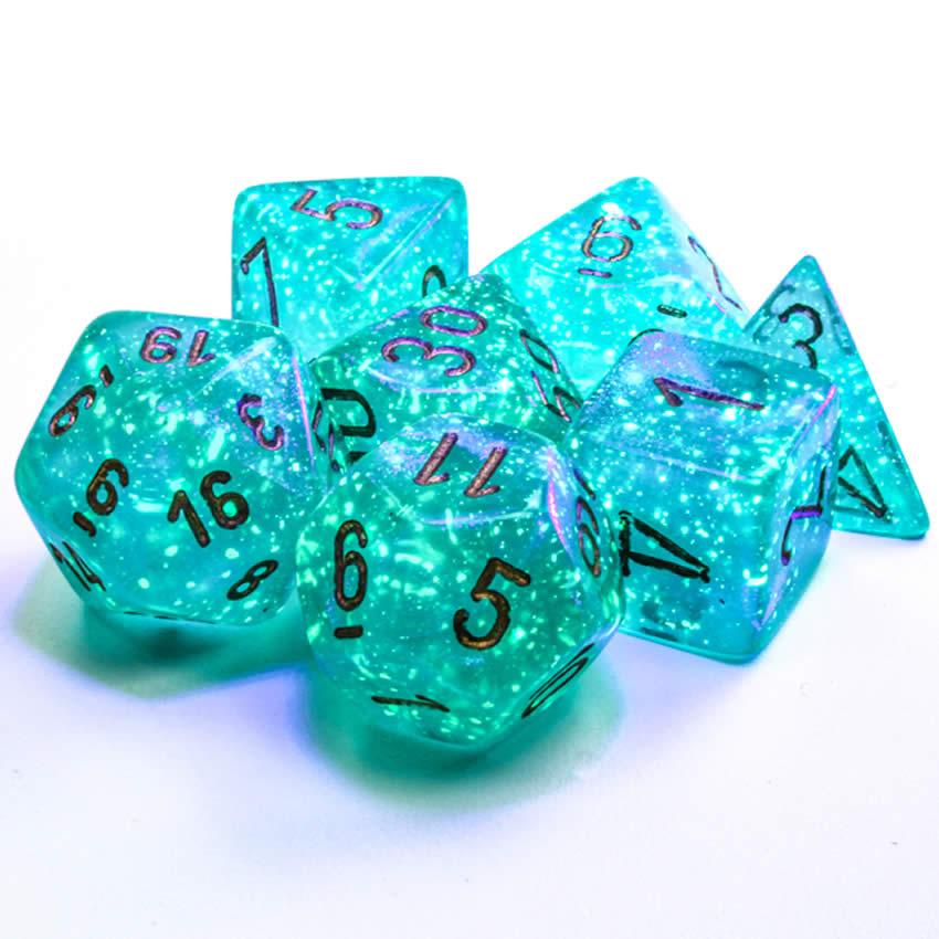 CHX27585 Teal Borealis Dice Luminary with Gold Numbers 16mm (5/8in) Set of 7 2nd Image