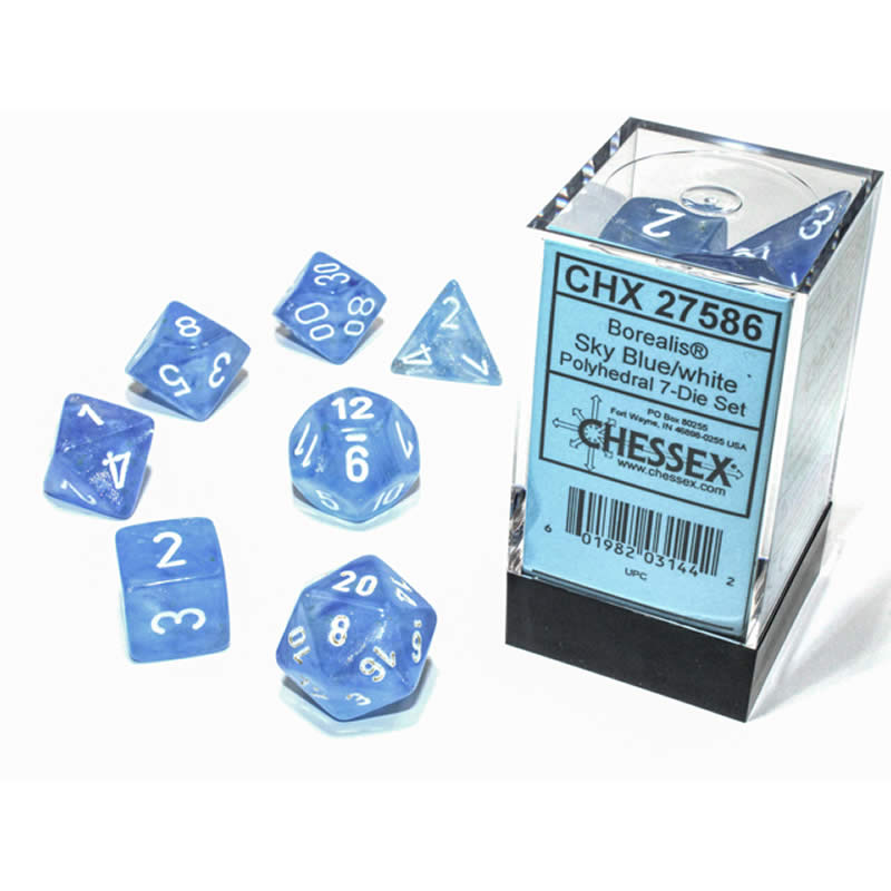 CHX27586 Sky Blue Borealis Dice Luminary White Numbers 16mm (5/8in) Set of 7 Main Image