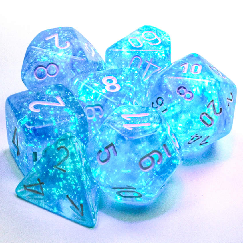 CHX27586 Sky Blue Borealis Dice Luminary White Numbers 16mm (5/8in) Set of 7 2nd Image