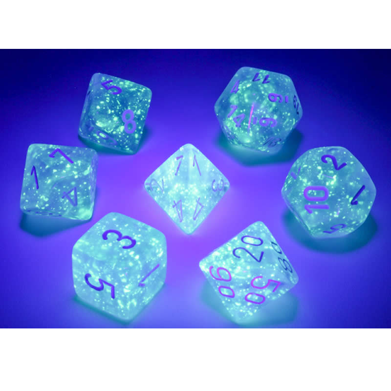 CHX27586 Sky Blue Borealis Dice Luminary White Numbers 16mm (5/8in) Set of 7 3rd Image