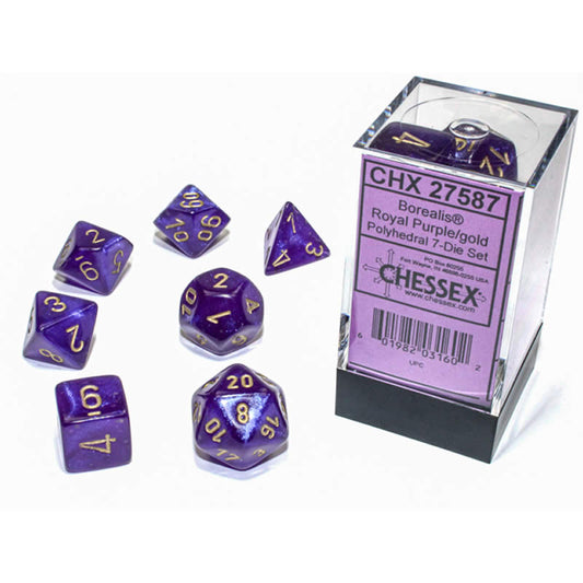 CHX27587 Royal Purple Borealis Dice Luminary with Gold Numbers 16mm (5/8in) Set of 7 Chessex Main Image