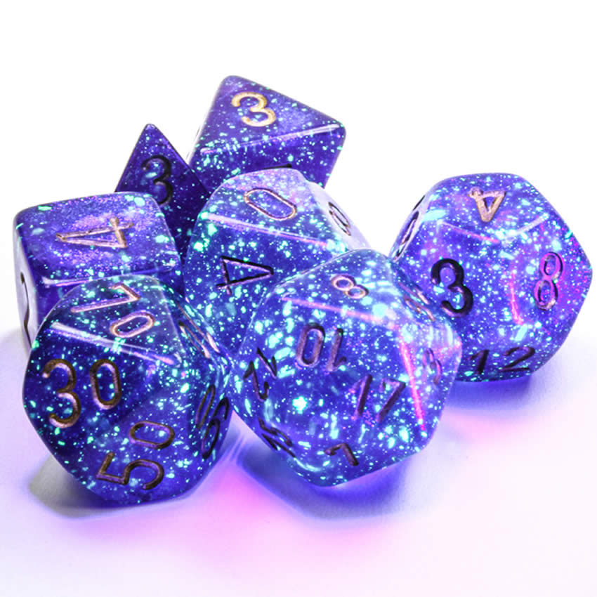 CHX27587 Royal Purple Borealis Dice Luminary with Gold Numbers 16mm (5/8in) Set of 7 Chessex 2nd Image