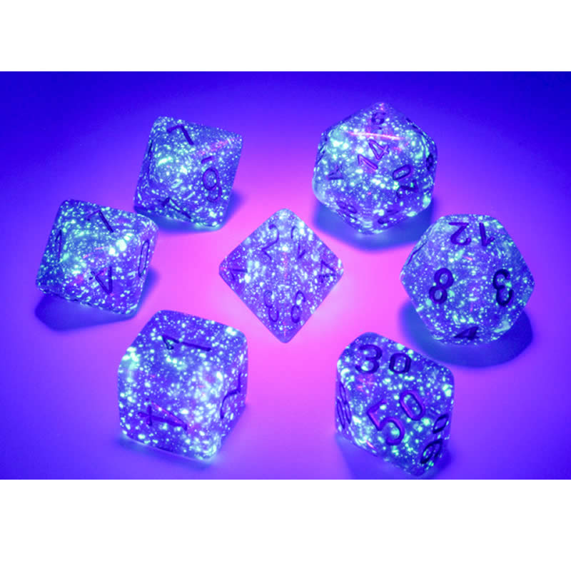 CHX27587 Royal Purple Borealis Dice Luminary with Gold Numbers 16mm (5/8in) Set of 7 Chessex 3rd Image