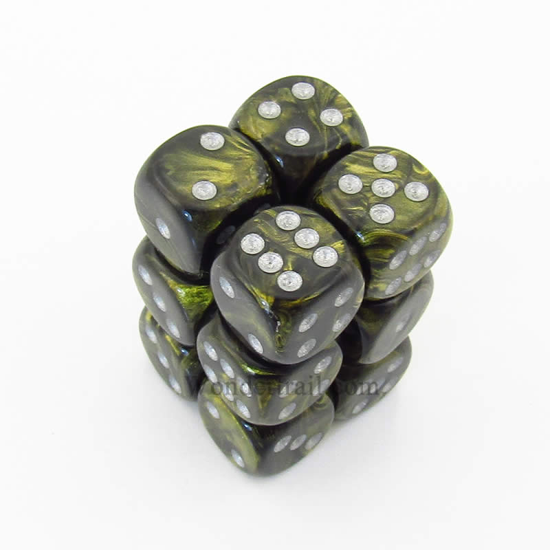 CHX27618 Black Gold Leaf Dice with Silver Pips D6 16mm (5/8in) Pack of 12 Main Image
