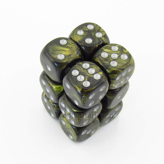 CHX27618 Black Gold Leaf Dice with Silver Pips D6 16mm (5/8in) Pack of 12 Main Image