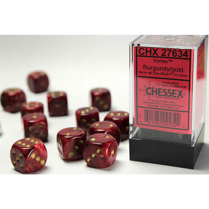 CHX27634 Burgundy Vortex Dice with Gold Pips D6 16mm (5/8in) Pack of 12