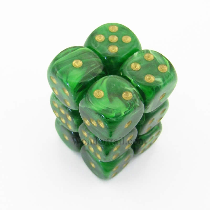 CHX27635 Green Vortex Dice with Gold Pips D6 16mm (5/8in) Pack of 12 Main Image
