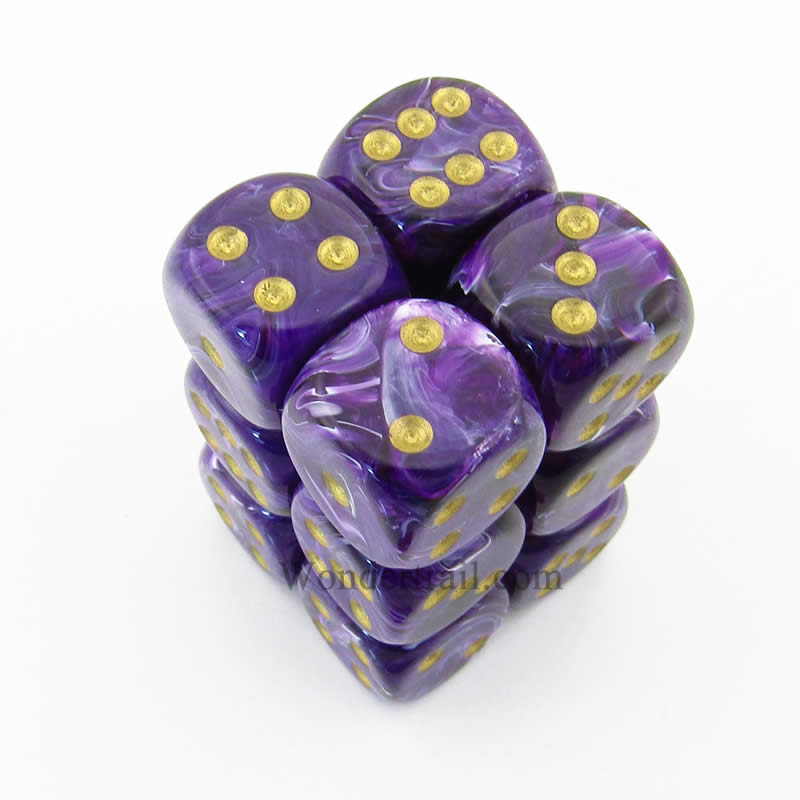 CHX27637 Purple Vortex Dice with Gold Pips D6 16mm (5/8in) Pack of 12 Main Image