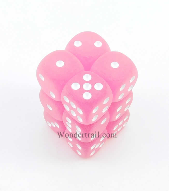 CHX27664 Pink Frosted Dice with White Pips D6 16mm (5/8in) Pack of 12 Main Image