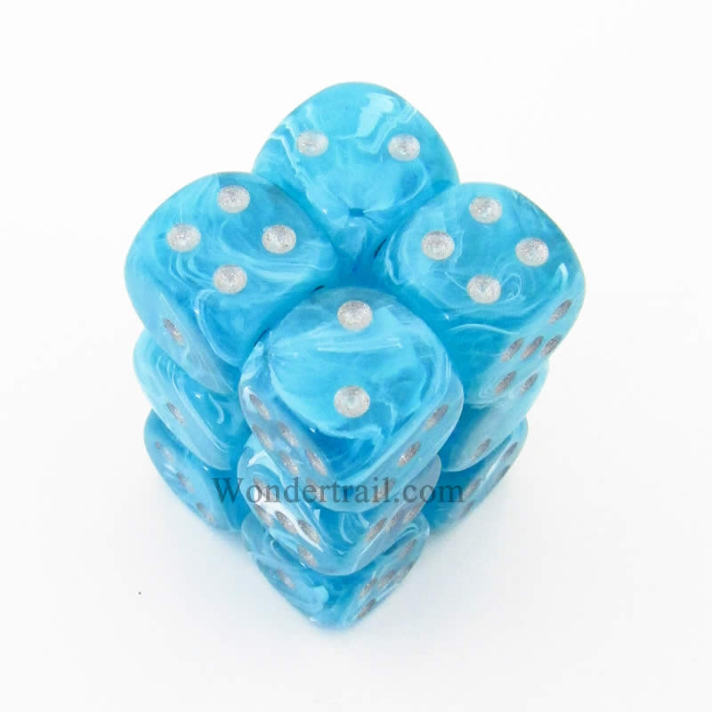 CHX27665 Aqua Cirrus Dice with Silver Pips D6 16mm (5/8in) Pack of 12 Main Image