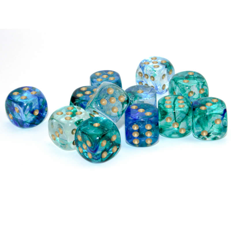 CHX27756 Oceanic Nebula Luminary Dice Gold Pips D6 16mm (5/8in) Pack of 12 2nd Image