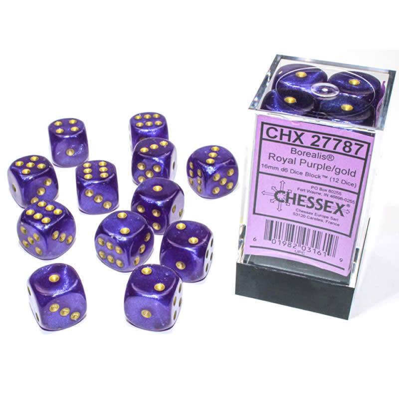 CHX27787 Royal Purple Borealis Dice Luminary Gold Pips D6 16mm (5/8in) Pack of 12 Main Image