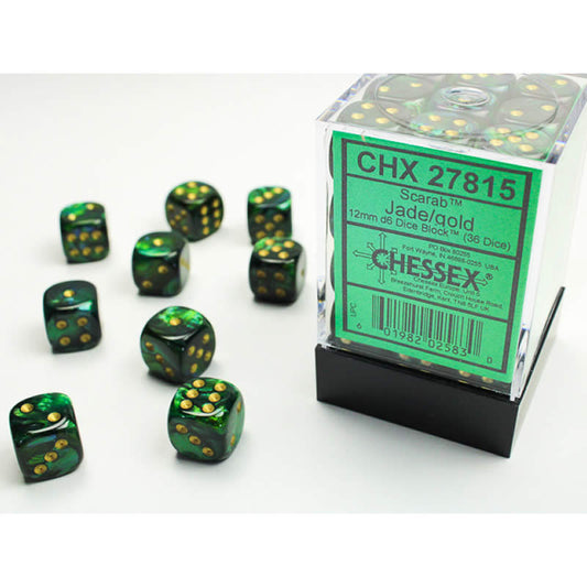 CHX27815 Jade Scarab Dice with Gold Pips D6 12mm (1/2in) Pack of 36 Main Image