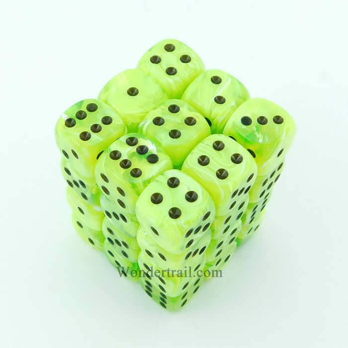 CHX27830 Bright Green Vortex Dice Black Pips D6 12mm (1/2in) Pack of 36 Main Image