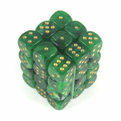 CHX27835 Green Vortex Dice with Gold Pips D6 12mm (1/2in) Pack of 36 Main Image