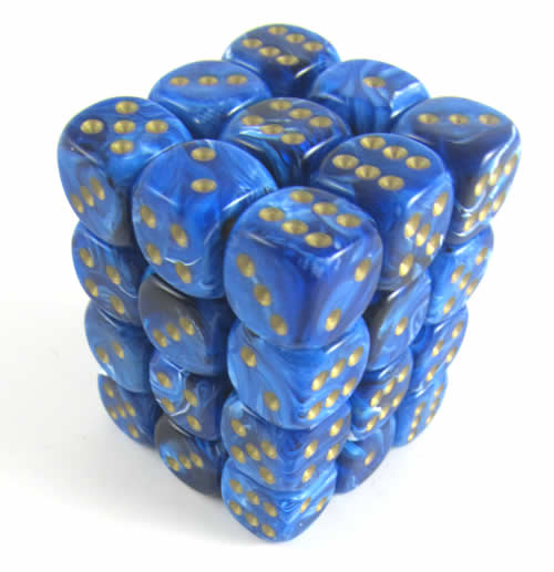 CHX27836 Blue Vortex Dice with Gold Pips D6 12mm (1/2in) Pack of 36 Main Image