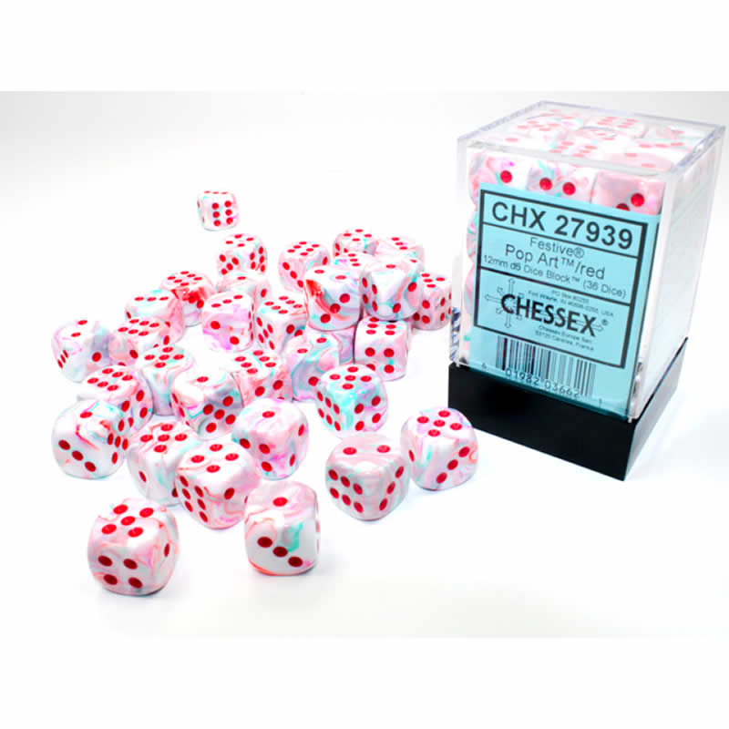 CHX27939 Pop Art Festive Dice with Red Pips D6 12mm (1/2in) Pack of 36 Chessex Main Image