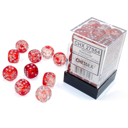 CHX27954 Red Nebula Luminary Dice Silver Pips D6 12mm (1/2in) Pack of 36 Main Image