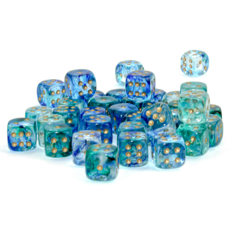 CHX27956 Oceanic Nebula Luminary Dice Gold Pips D6 12mm (1/2in) Pack of 36 2nd Image