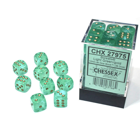 CHX27975 Light Green Borealis Dice Luminary Gold Pips D6 12mm (1/2in) Pack of 36 Main Image